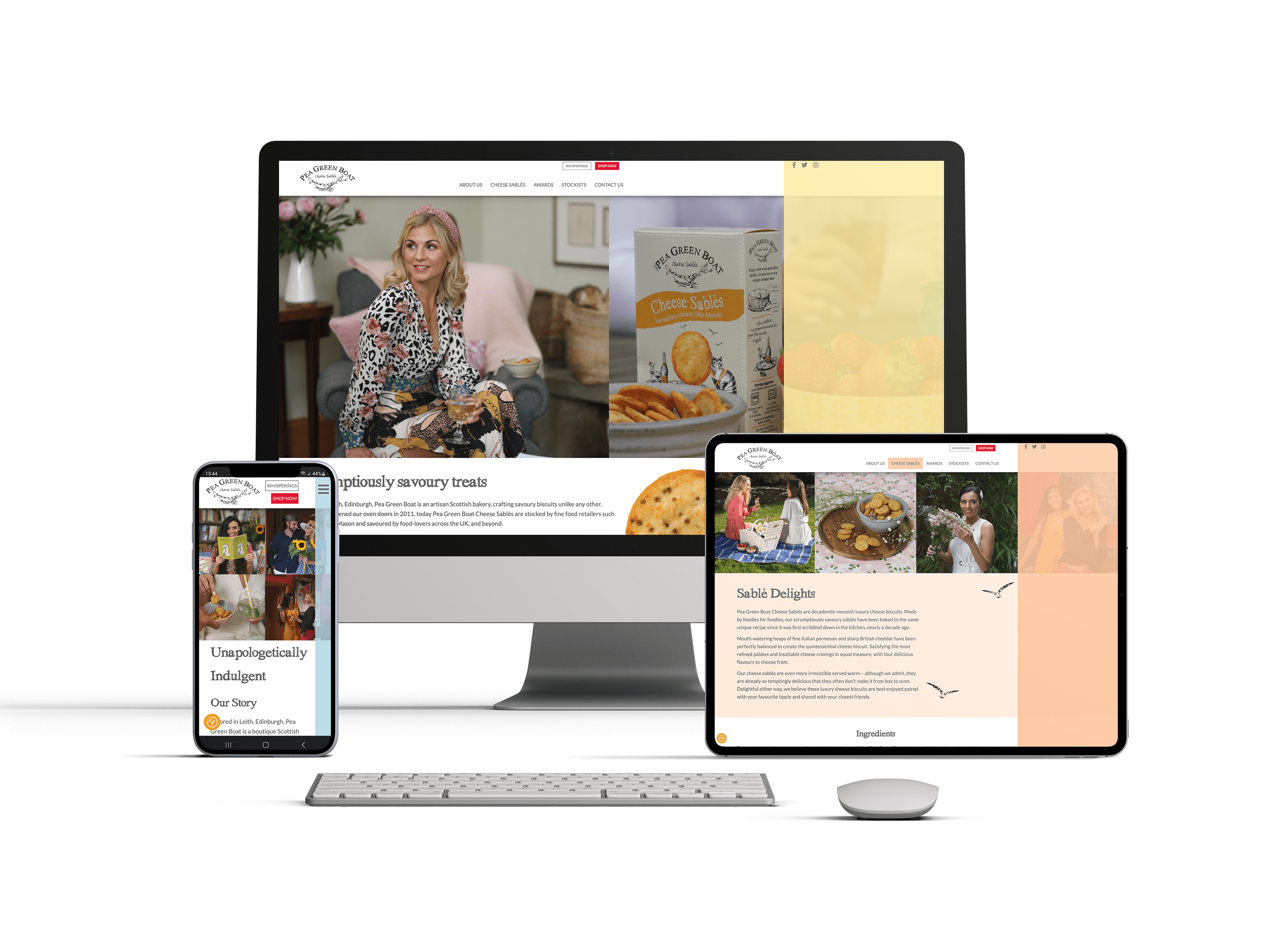 Pea Green Boat website mockup on desktop, tablet and mobile